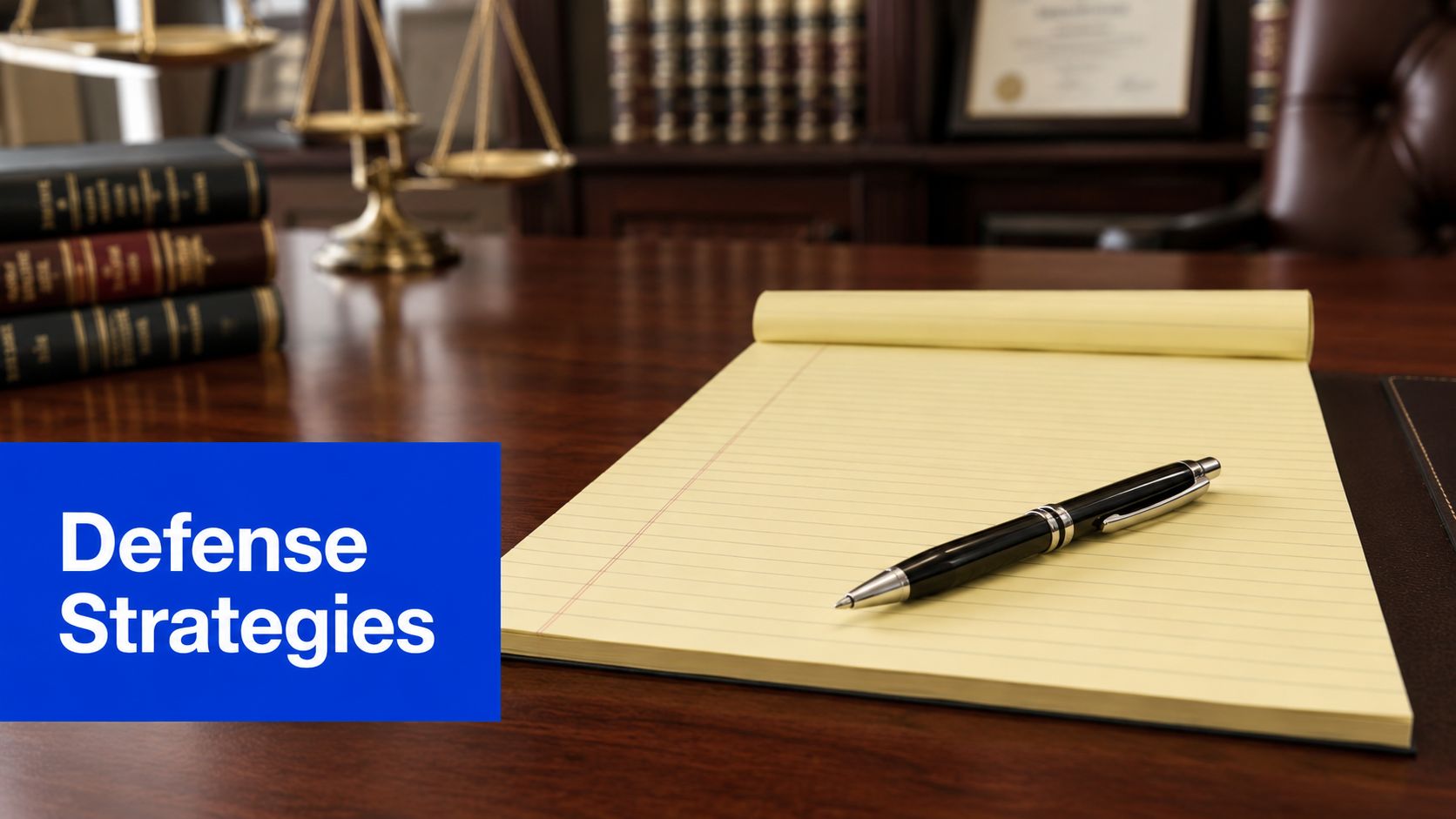 A legal office desk featuring a notepad and pen with a blue sign stating defense strategies.