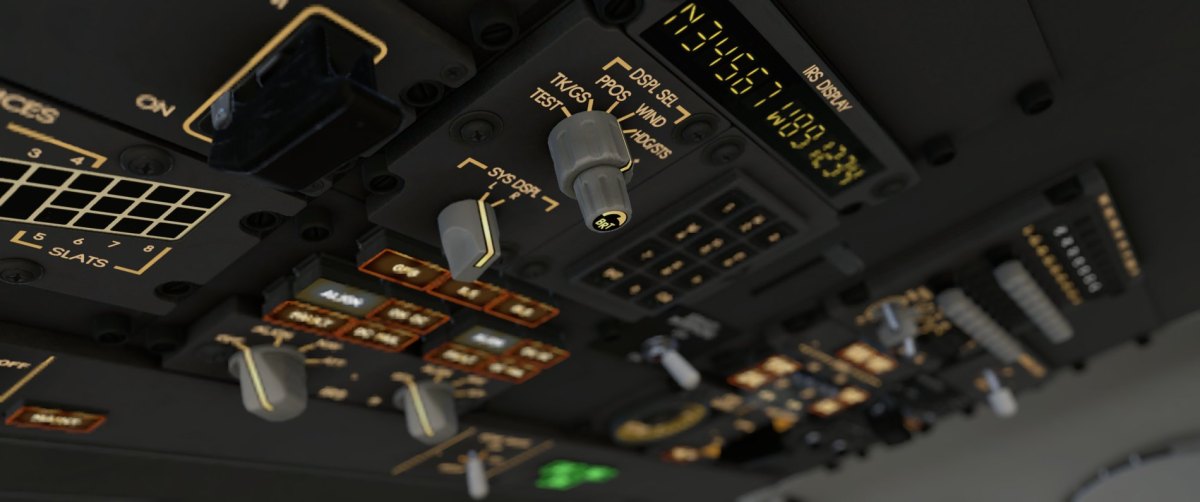 AFL 737 MAX aft overhead panel with the IRS display showing position coordinates
