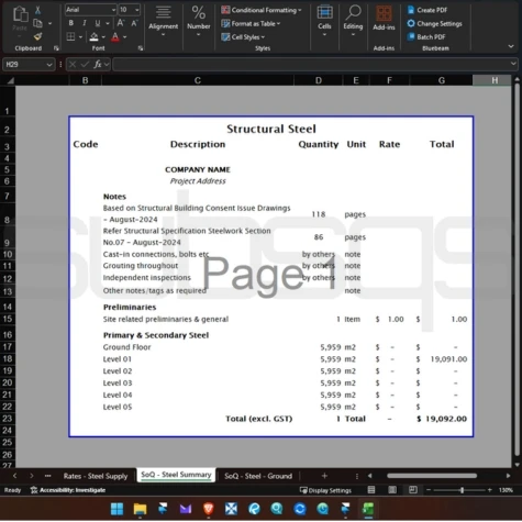 Screenshot of Microsoft Excel Workbook showing structural steel takeoff estimate report using CostX software by SubsQS Ltd