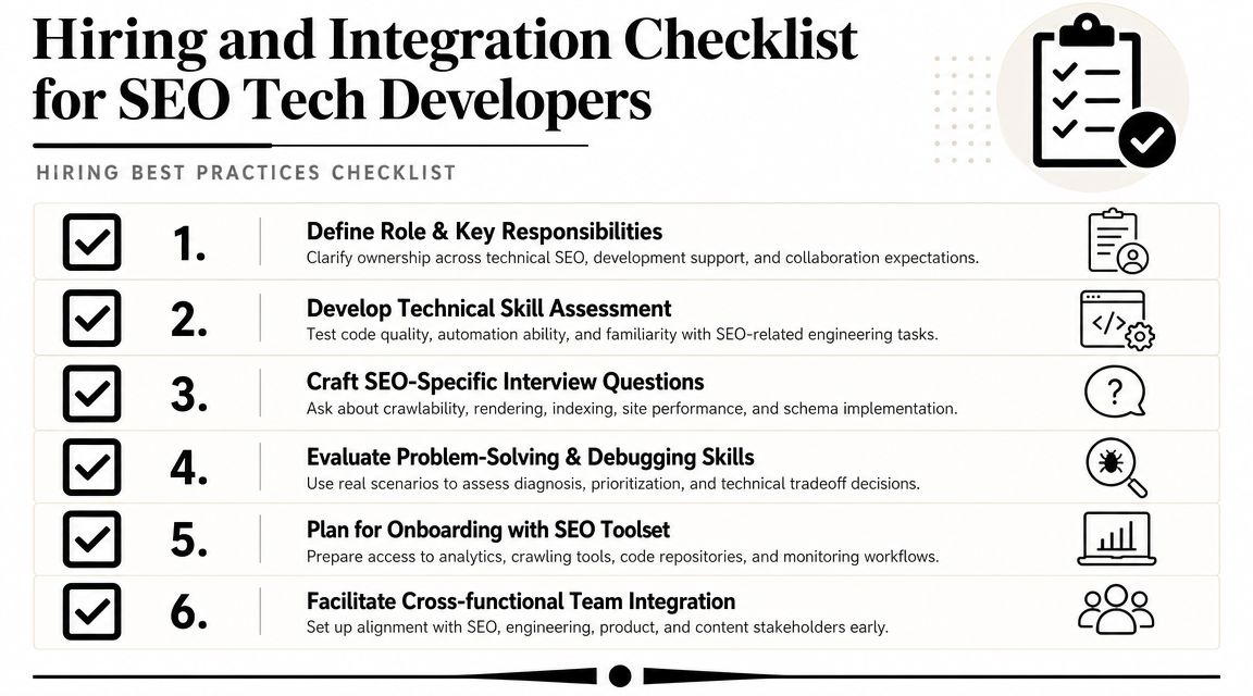 A checklist for hiring and integrating SEO tech developers, outlining six essential best practice steps.
