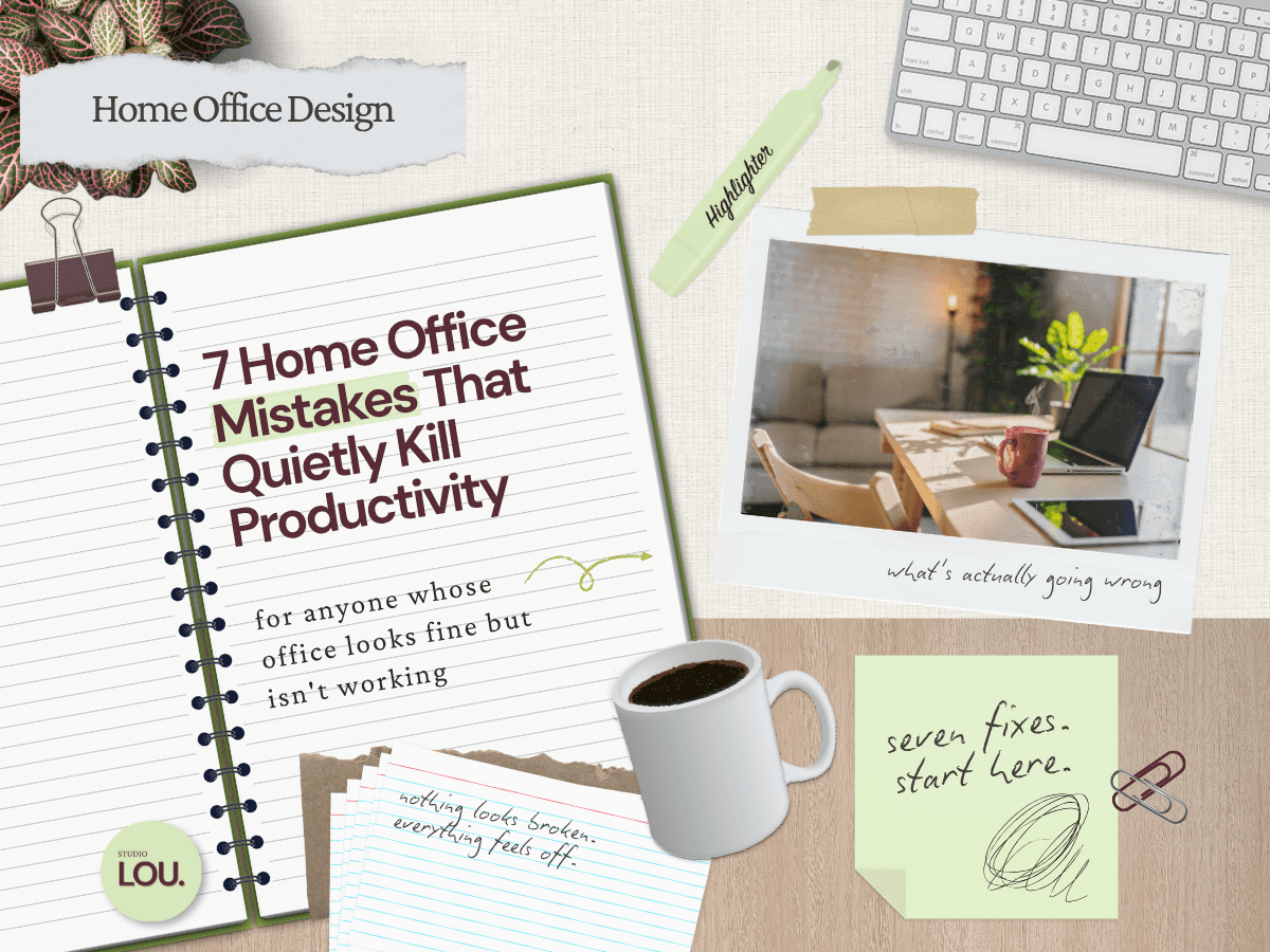 Papercraft-style blog header with a spiral notebook titled 7 Home Office Mistakes That Quietly Kill Productivity, linen background with wood desk surface, polaroid photo of a home office setup with laptop, tablet, and coffee on a wooden desk clipped with a binder clip, coffee mug, sage green sticky note reading "seven fixes. start here.," index cards, highlighter, keyboard, and plant in the corner.