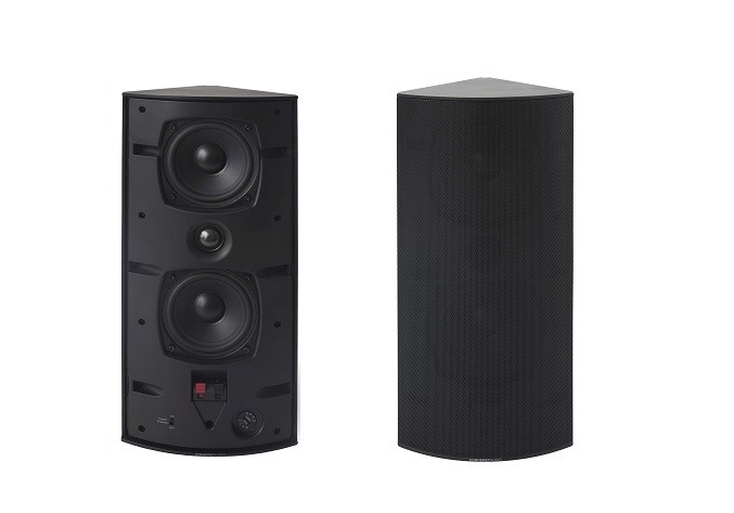 Two black corner speakers on a white background