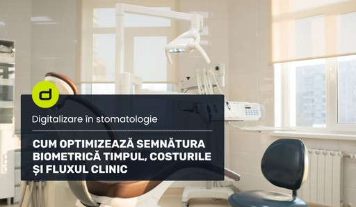 Cabinet stomatologic modern cu scaun dentar, lampa chirurgicală și echipament digital - ilustrare pentru digitalizarea în stomatologie cu semnătură biometrică dROOT