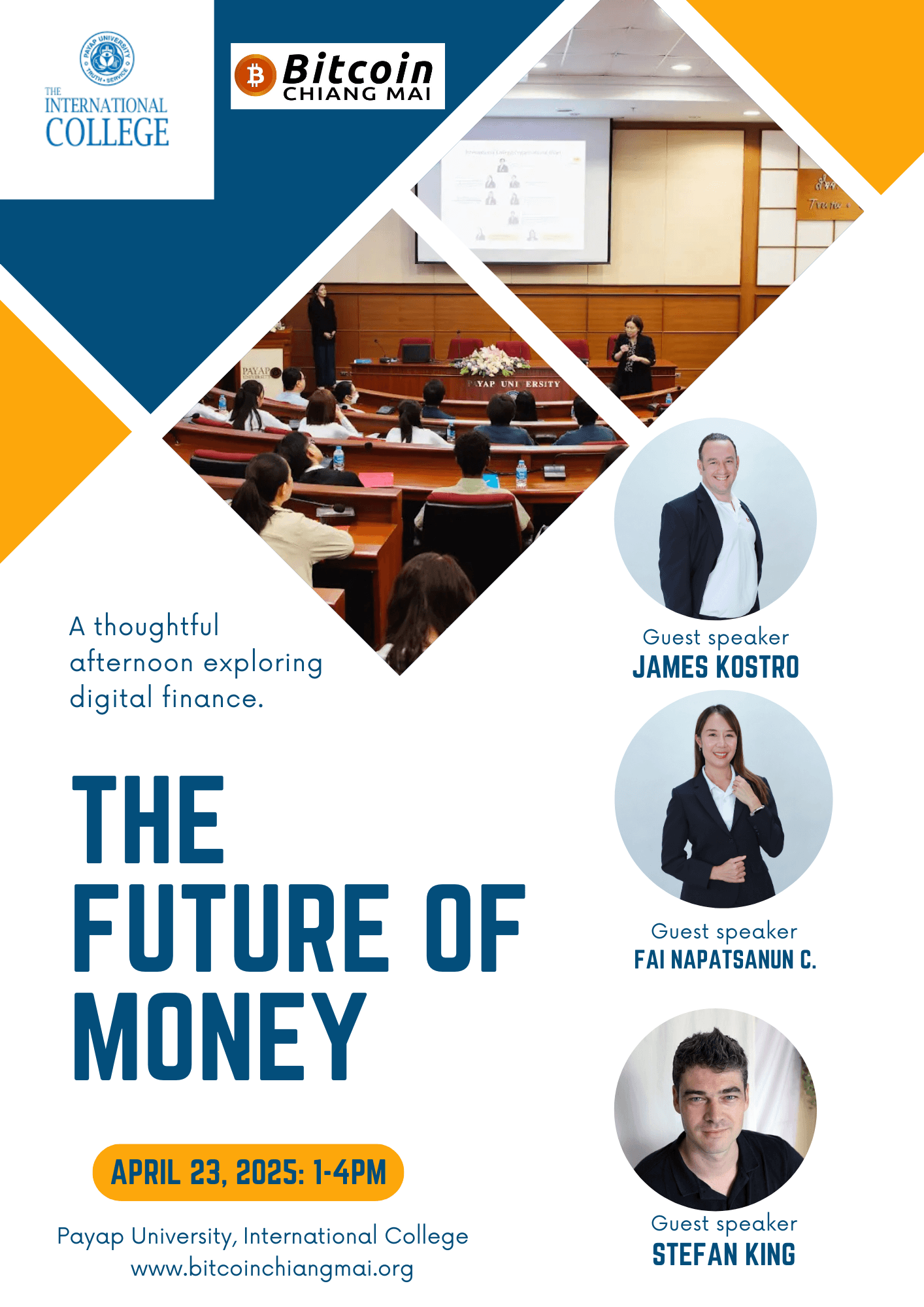 "The Future of Money" event poster featuring guest speakers James Kostro, Fai Napatsanun C., and Stefan King at Payap University