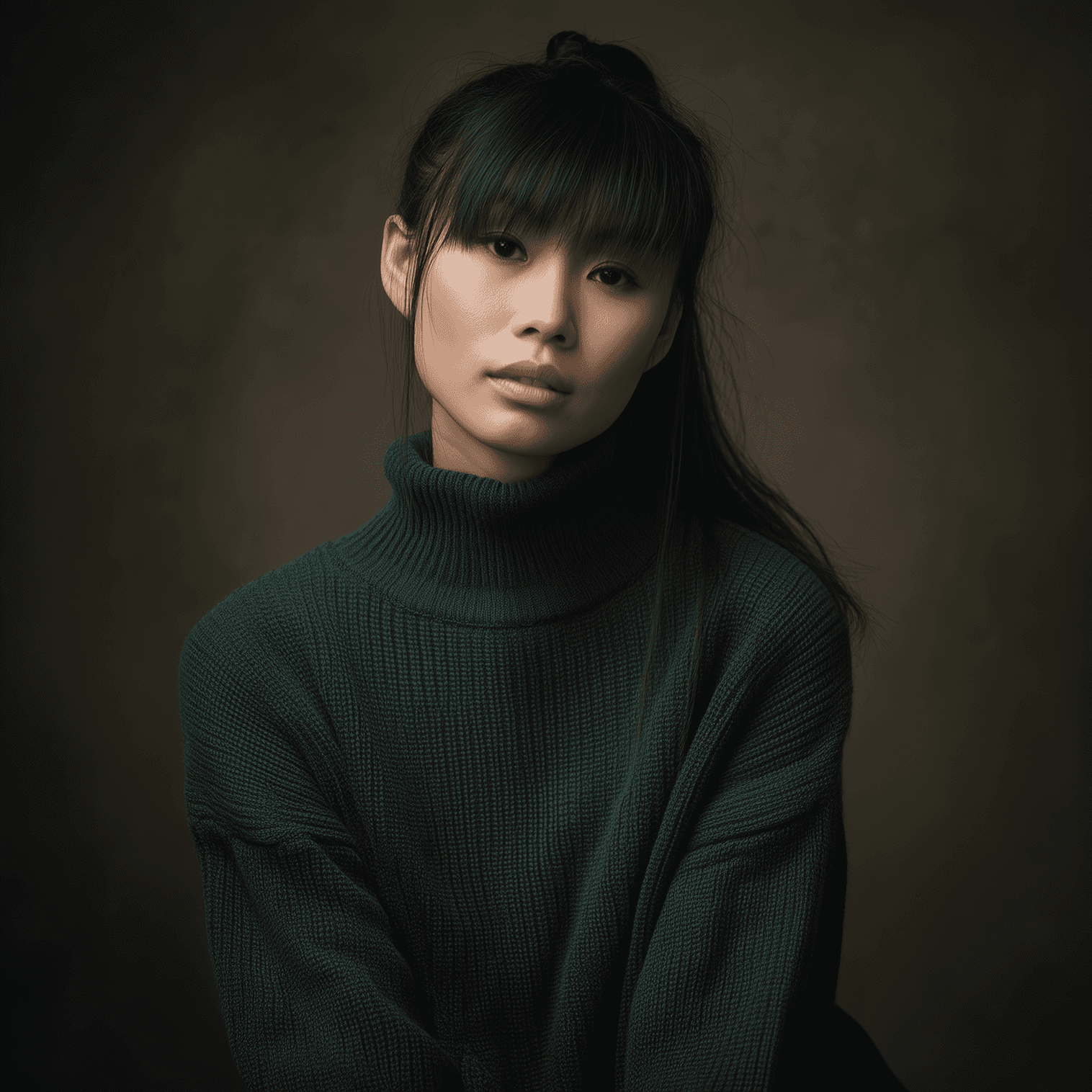Portrait of a person with long dark hair and bangs, wearing a dark green turtleneck sweater. They have a calm expression, set against a soft brown background.