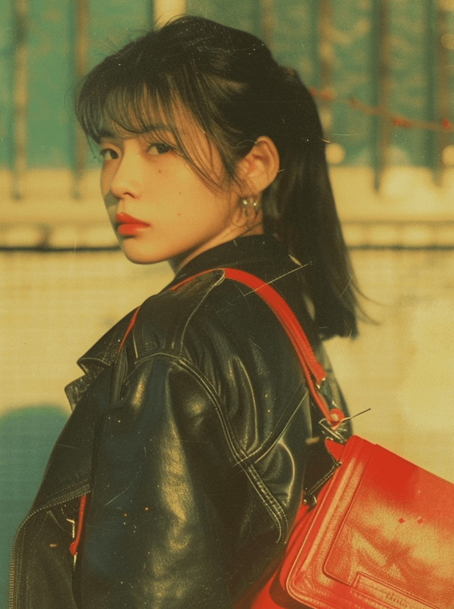 A young woman with dark hair in a ponytail stands confidently in profile, wearing a black leather jacket and a striking red handbag, with a blurred outdoor background bathed in warm, golden light.