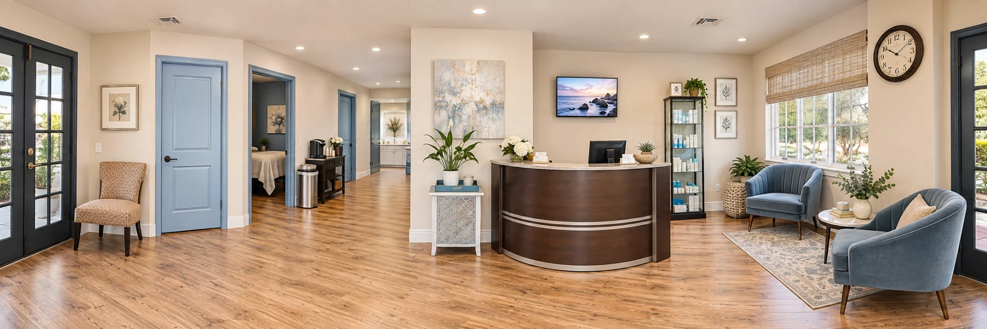 Reception and waiting area at Nash's Lashes By Judy in Westport, CT