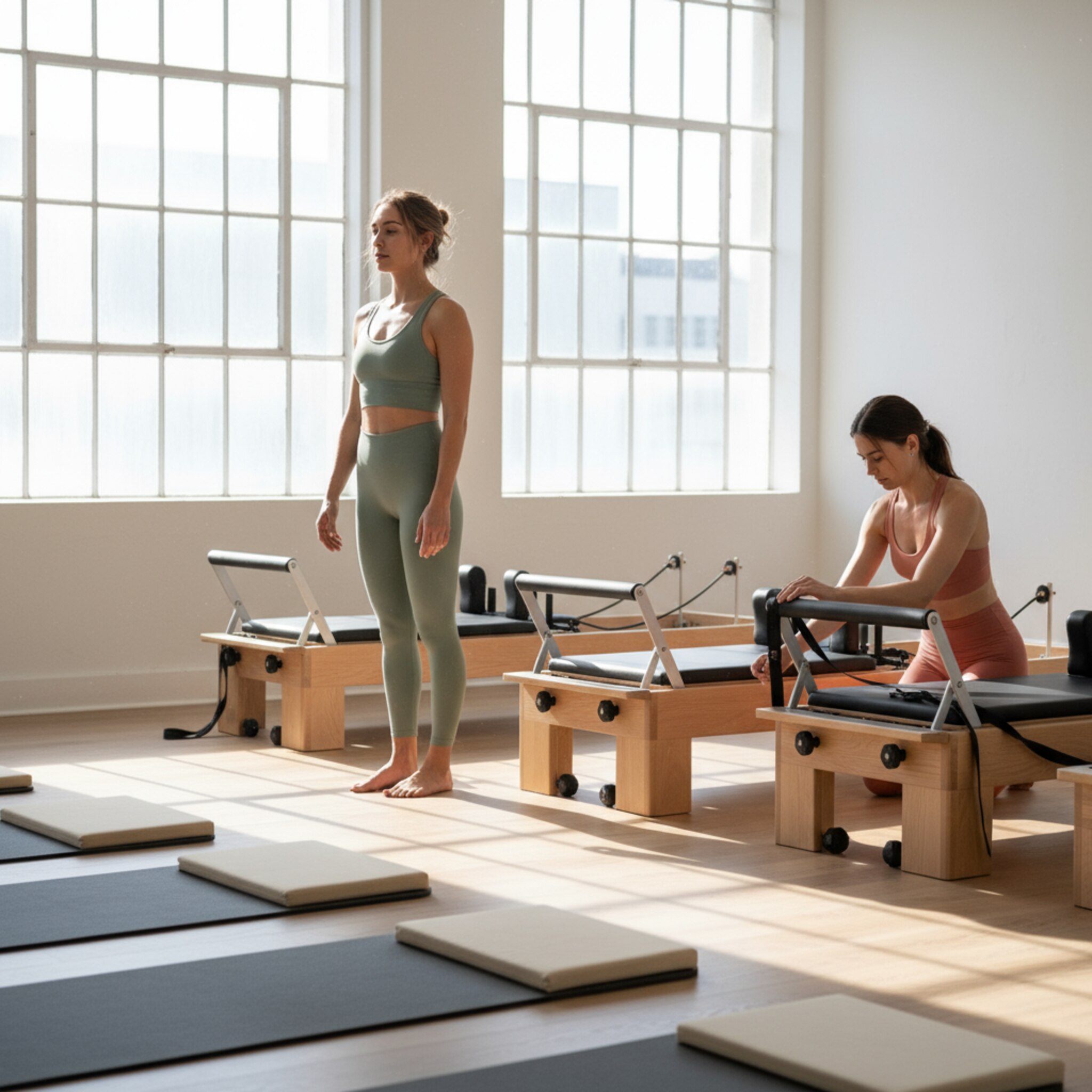 Morgenlicht fällt durch hohe Fenster auf einen hellen Pilates Raum. Matten liegen ordentlich nebeneinander, dahinter warten gepflegte Reformer auf die nächste Klasse. Eine Trainerin führt ruhige Atemübungen an, während eine Teilnehmerin die Schultergurte sortiert. Die Atmosphäre ist konzentriert, freundlich und klar strukturiert.