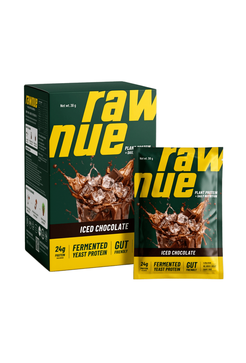 Rawnue Morning Protein plant-based iced chocolate shake served over ice