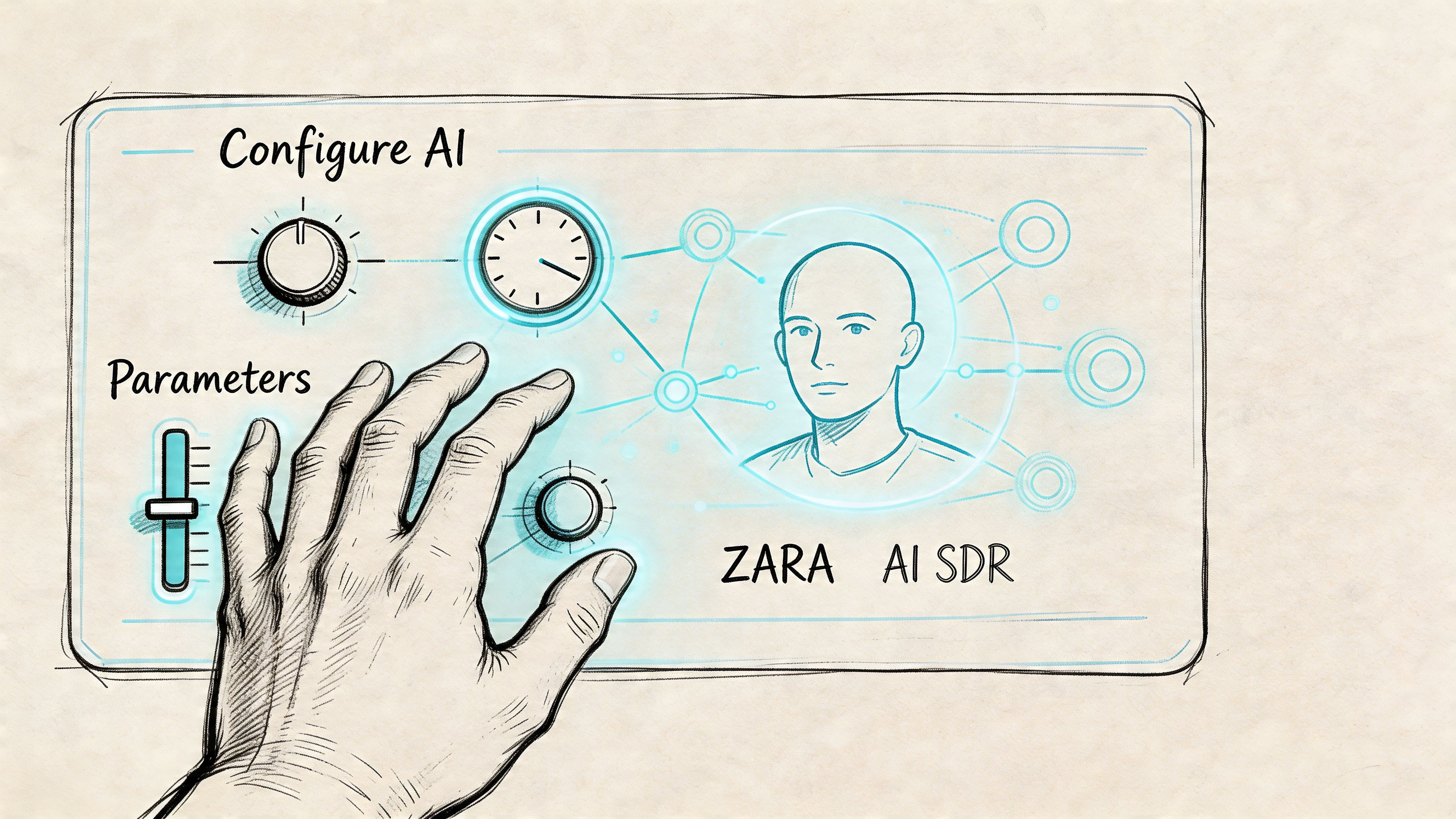 A hand interacting with a digital interface to configure AI settings for an automated SDR tool.