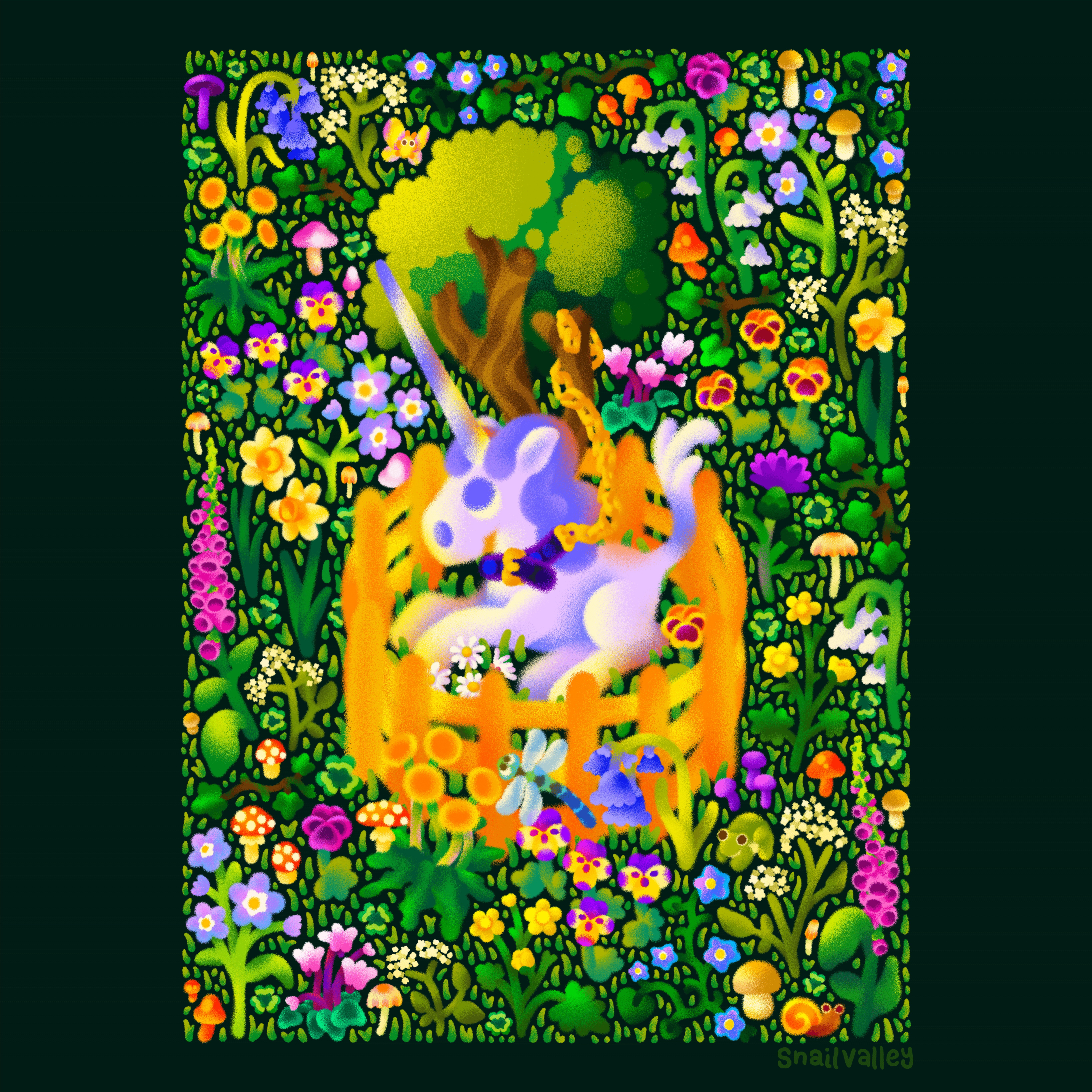 An illustration based on The Unicorn Rests in a Garden, from the Unicorn tapestries. A light purple unicorn is the central focus, contained in a golden fence with a tree. It is surrounded by a field of brightly coloured flowers.