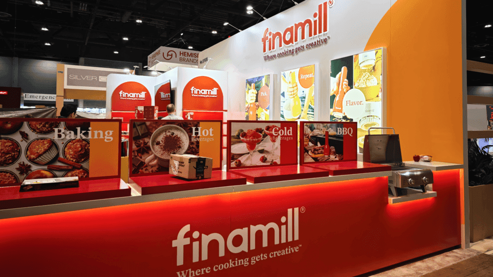 20x30 food and beverage booth with sampling counter, product displays, meeting space, branded graphics, storage, and visitor flow
