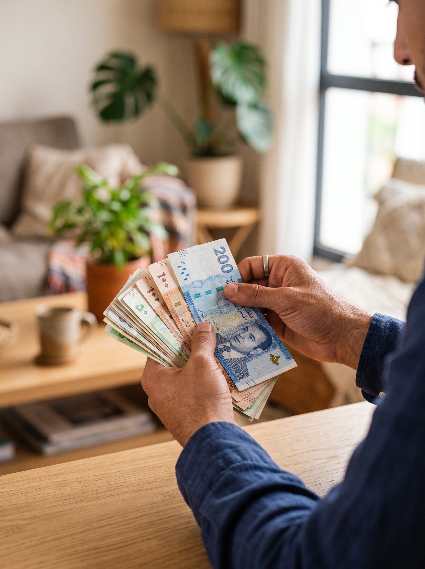 young man counting Moroccan money