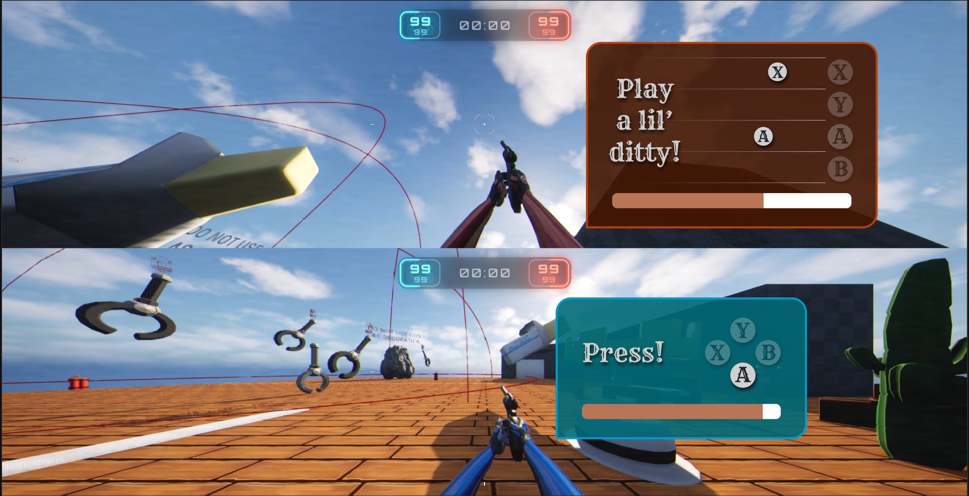 A game with a split screen UI, with each screen showing a minigame popup with the words "Press!" and a button or "Play a lil' ditty!" and a stream of buttons flowing to the right.