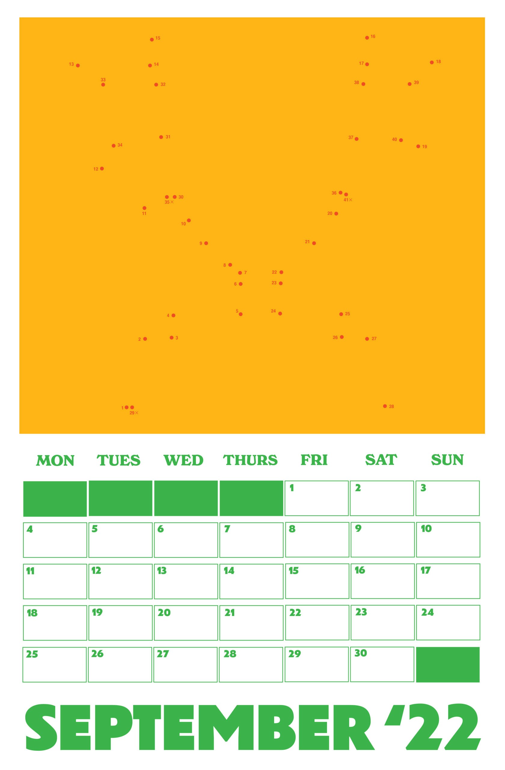 September 2022 month illustration with part of it with the dated being orange and red dots for the dates and the other half is with a white background and green boxes for dated and large bold text for September '22