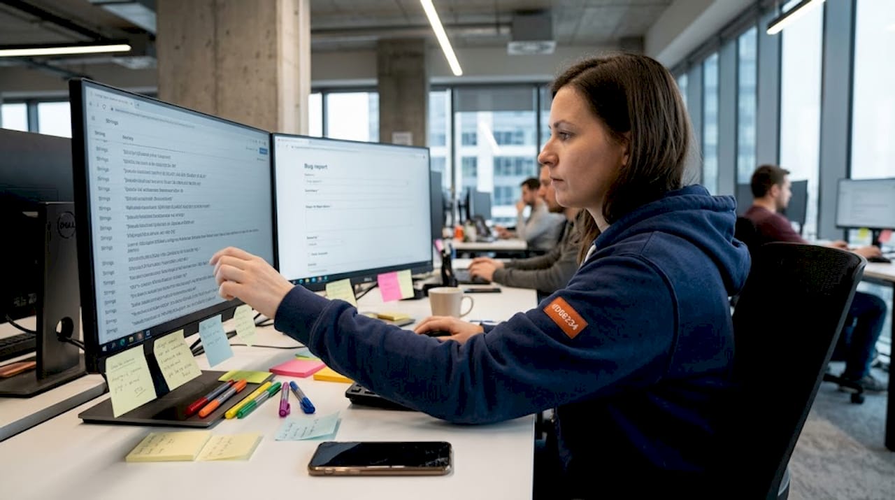 QA analyst scrolls pseudo-localized software build