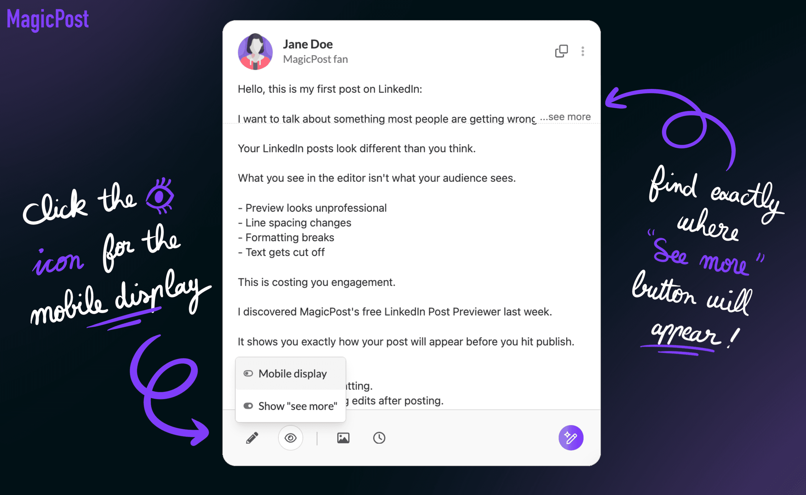 Examples on LinkedIn posts and where the see more appears