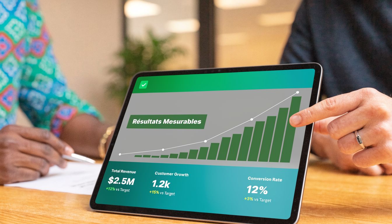Une personne montrant des résultats marketing positifs sur une tablette lors d'une réunion professionnelle.