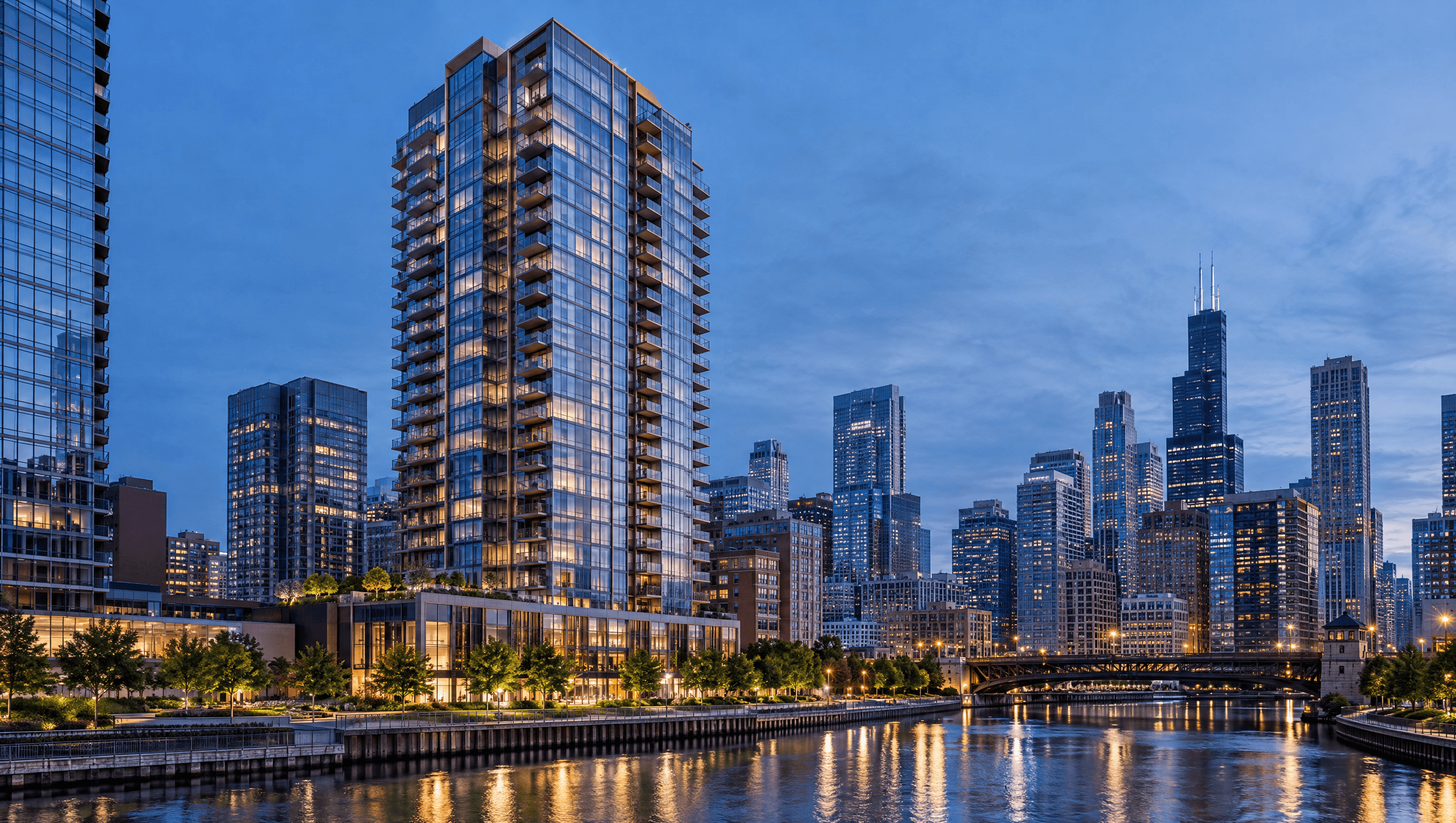 Hyper-realistic visualization of a riverfront condominium tower at blue hour