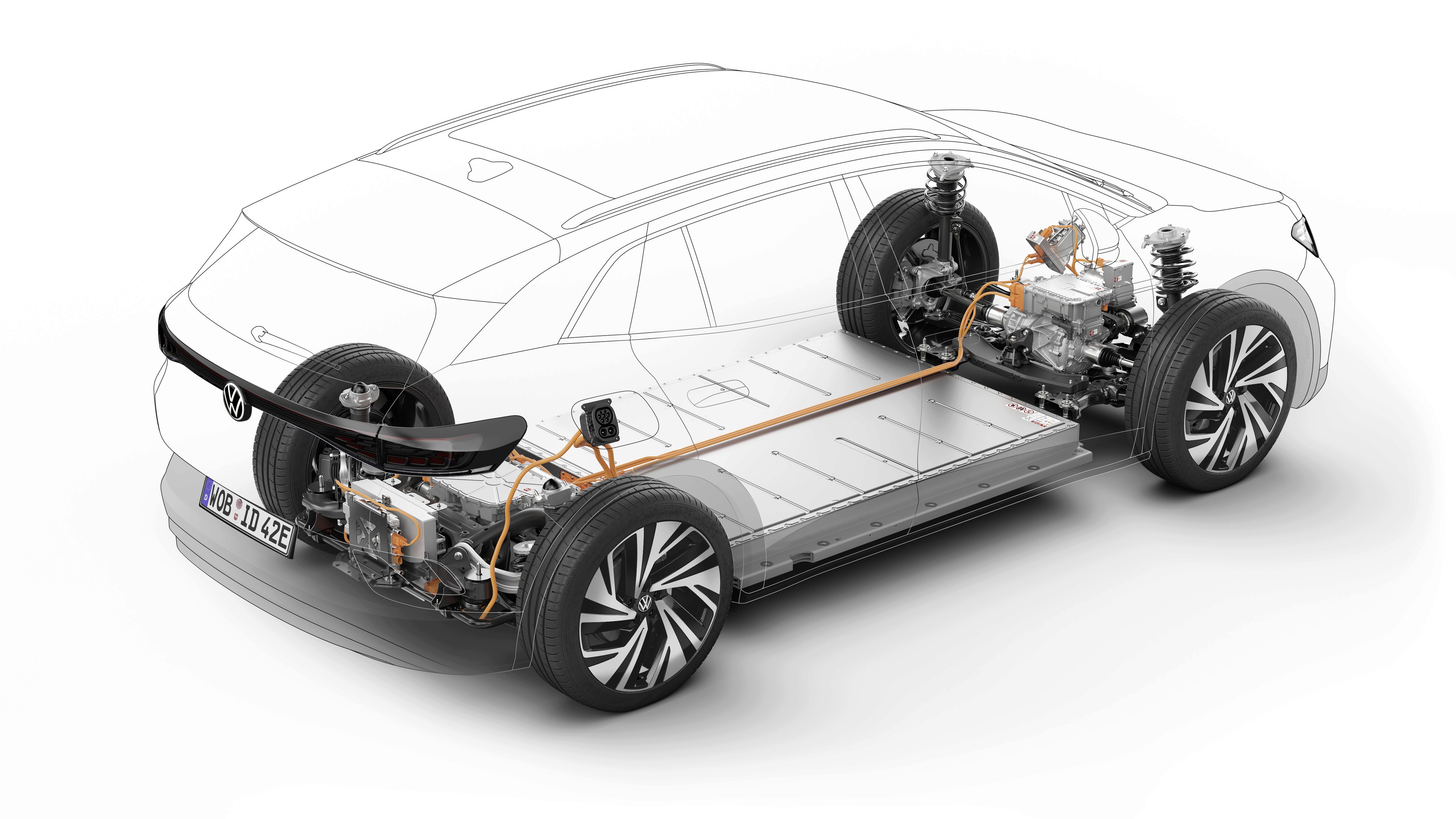 Volkswagen ID.4 en coupe technique avec pack batterie, câblage haute tension et composants du groupe motopropulseur électrique