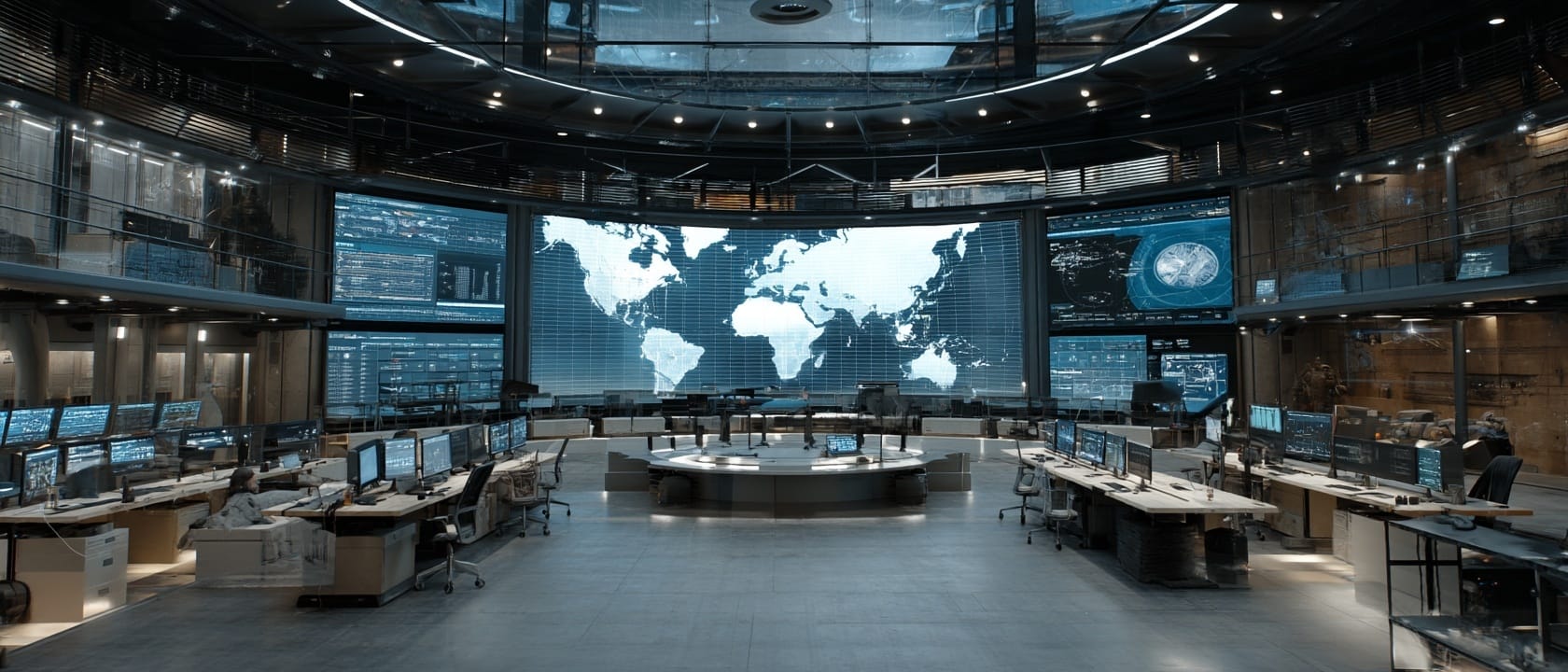 Large mission-control-style operations center with global map displays and monitoring workstations, representing centralized oversight, real-time visibility, and coordinated control across international logistics networks.