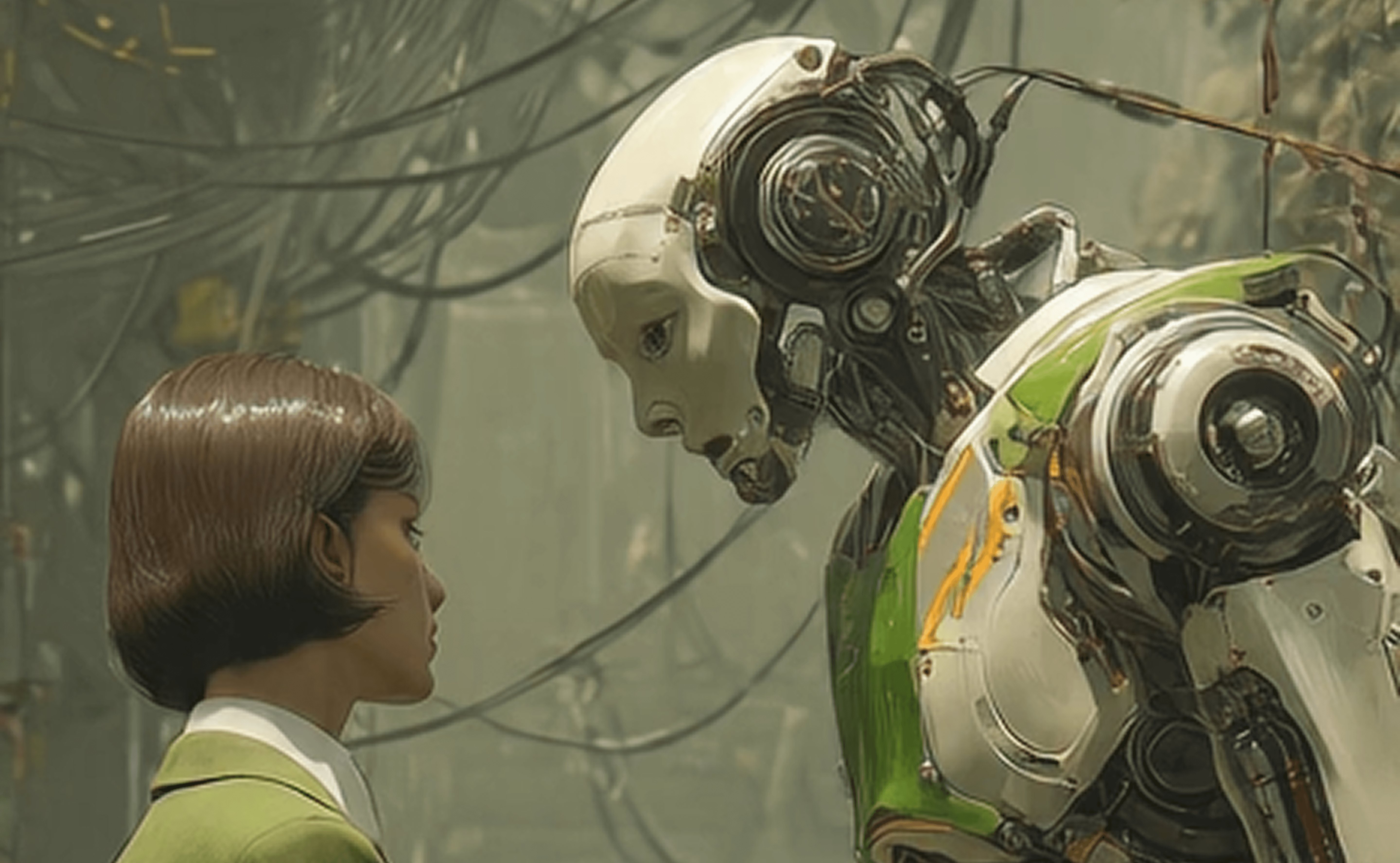 woman in a tweed jacket standing next to a large, cream and brass robot with rabbit-like ears.