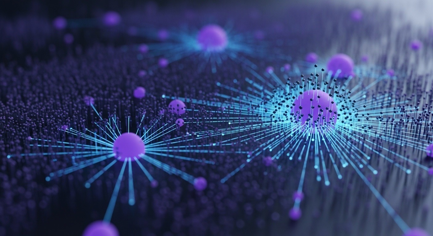 Neural network fan-out pattern in AI search with nodes expanding into multiple information paths