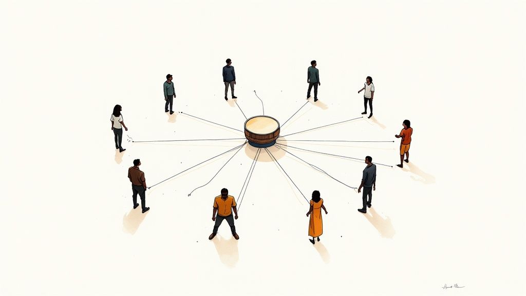 A group of diverse people collaborating around a table, illustrating community building.