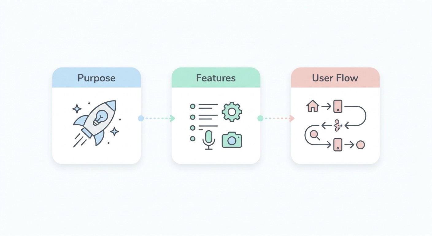 Flat illustration of the app planning process showing purpose, features, and user flow steps