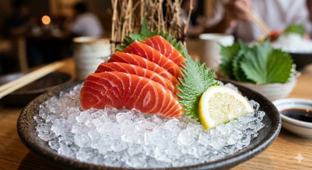 A close-up shot of fresh wild sockeye salmon sashimi fillets arranged beautifully on a bed of crushed ice. The deep-red salmon fillets are garnished with a green shiso leaf and a slice of yellow lemon. This bright, crisp macro photo has a shallow depth of field, emphasizing the freshness of the seafood. The background is a gently blurred Japanese restaurant setting.