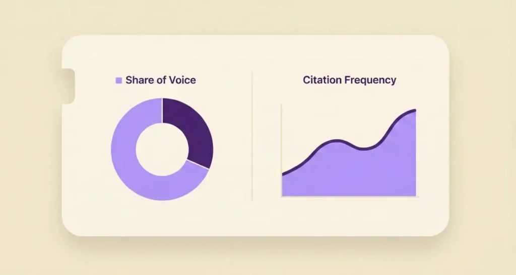 Abstract visualization of AI search visibility, featuring a share-of-voice pie chart and citation frequency graph to highlight key metrics
