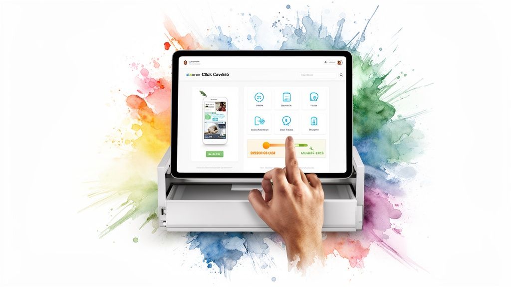 A hand interacts with a tablet displaying a business application dashboard on a colorful watercolor background.