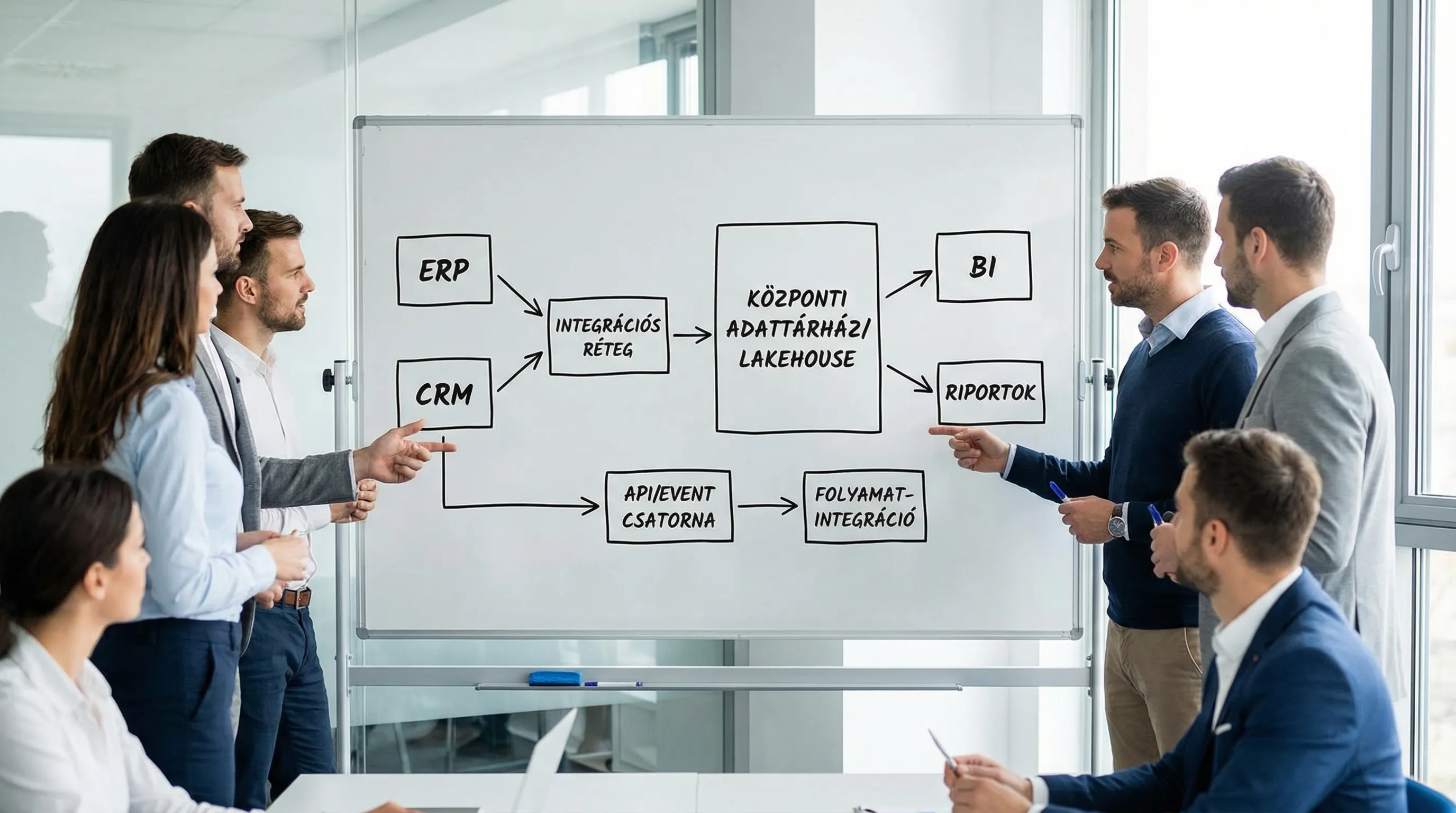 Egyszerűsített ábra: ERP és CRM adatforrásokból integrációs rétegen keresztül egy központi adattárház/lakehouse épül, amelyre a BI és riportok csatlakoznak; a folyamat-integráció külön API/event csatornán fut.