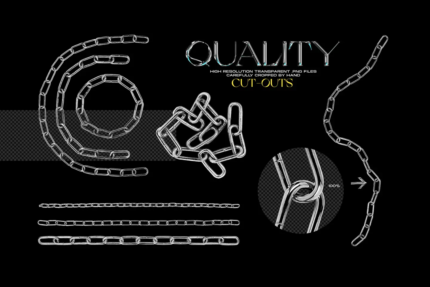 Chromatic Toolkit high resolution metal chain PNG cut outs with realistic shiny chrome texture details