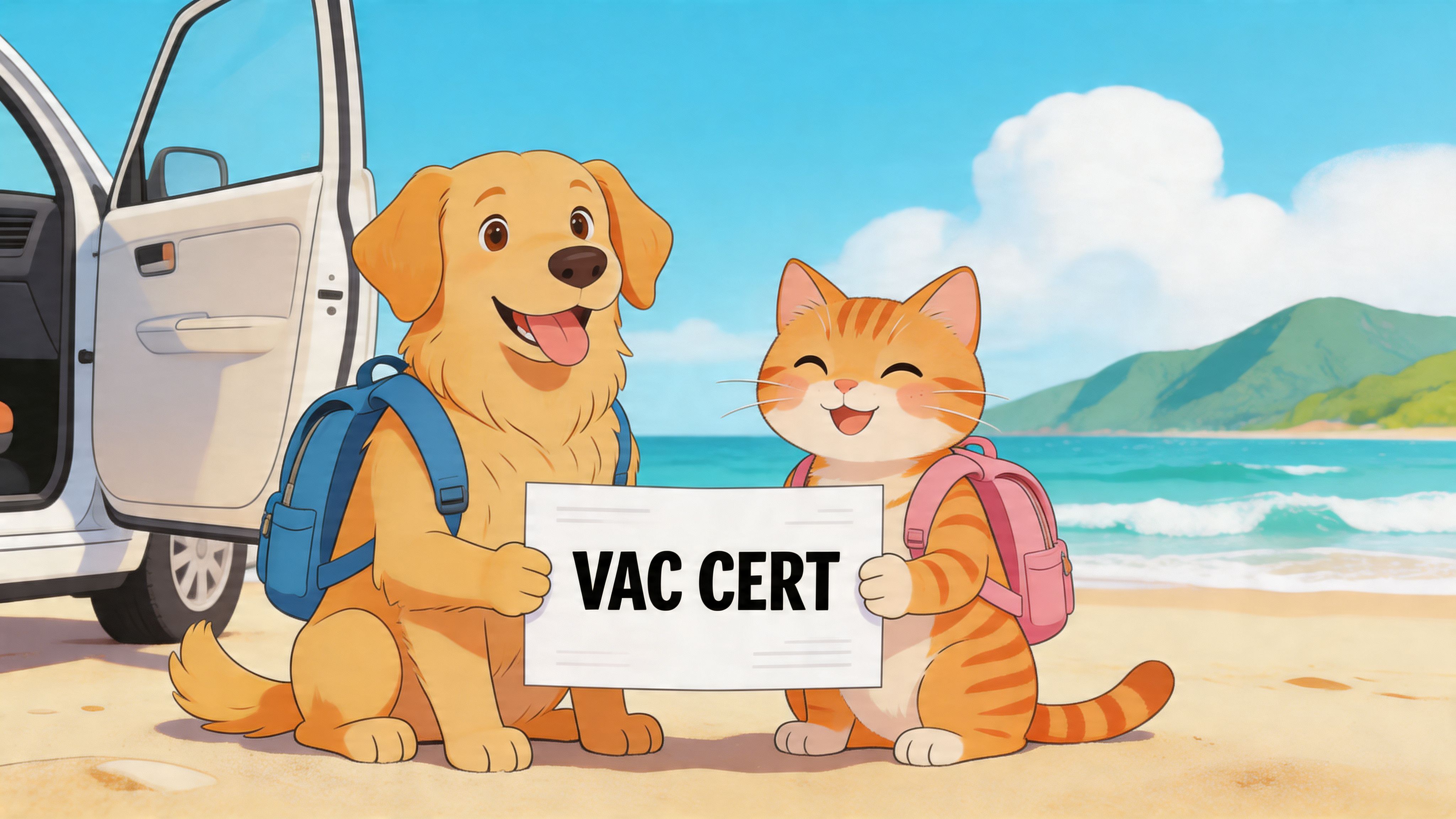 A friendly golden retriever dog and orange tabby cat standing on a beach holding a vaccination certificate sign.