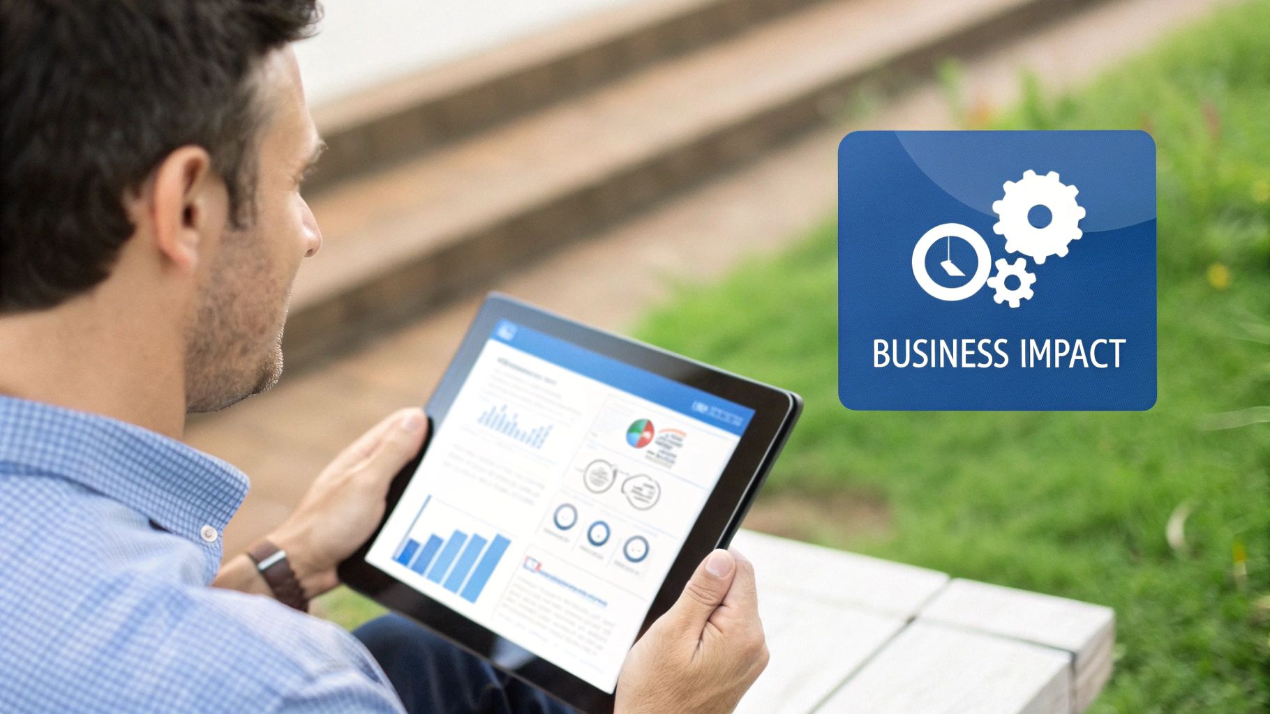 Business professional analyzing data charts and graphs on tablet showing business impact metrics outdoors