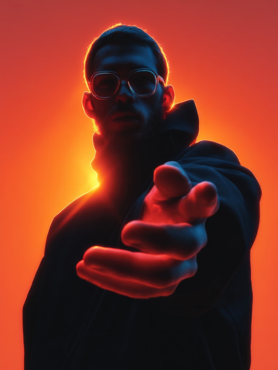 Man in dark clothing and glasses pointing forward against a vibrant red and orange background.