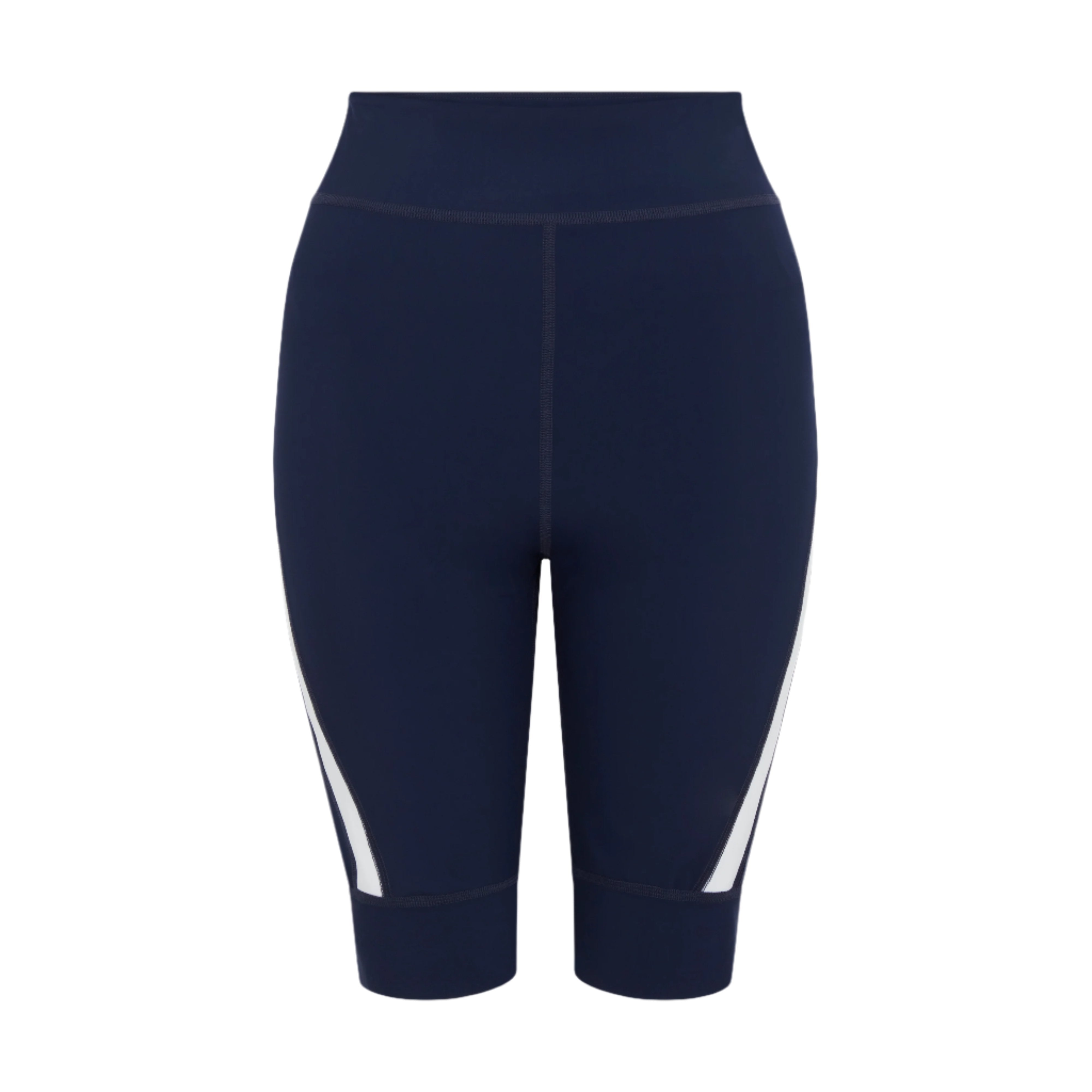 Product-photo-of-navy-blue-high-waisted-biker-shorts-displayed-against-a-white-background-The-shorts-feature-a-clean-design-with-a- wide-white-diagonal-stripe-accent-on-the-outer-lower-leg-Focus-on-navy-blue-women's-biker-shorts-high-waist-athletic-shorts-cycling-gear-and-dark-blue-cycling-apparel