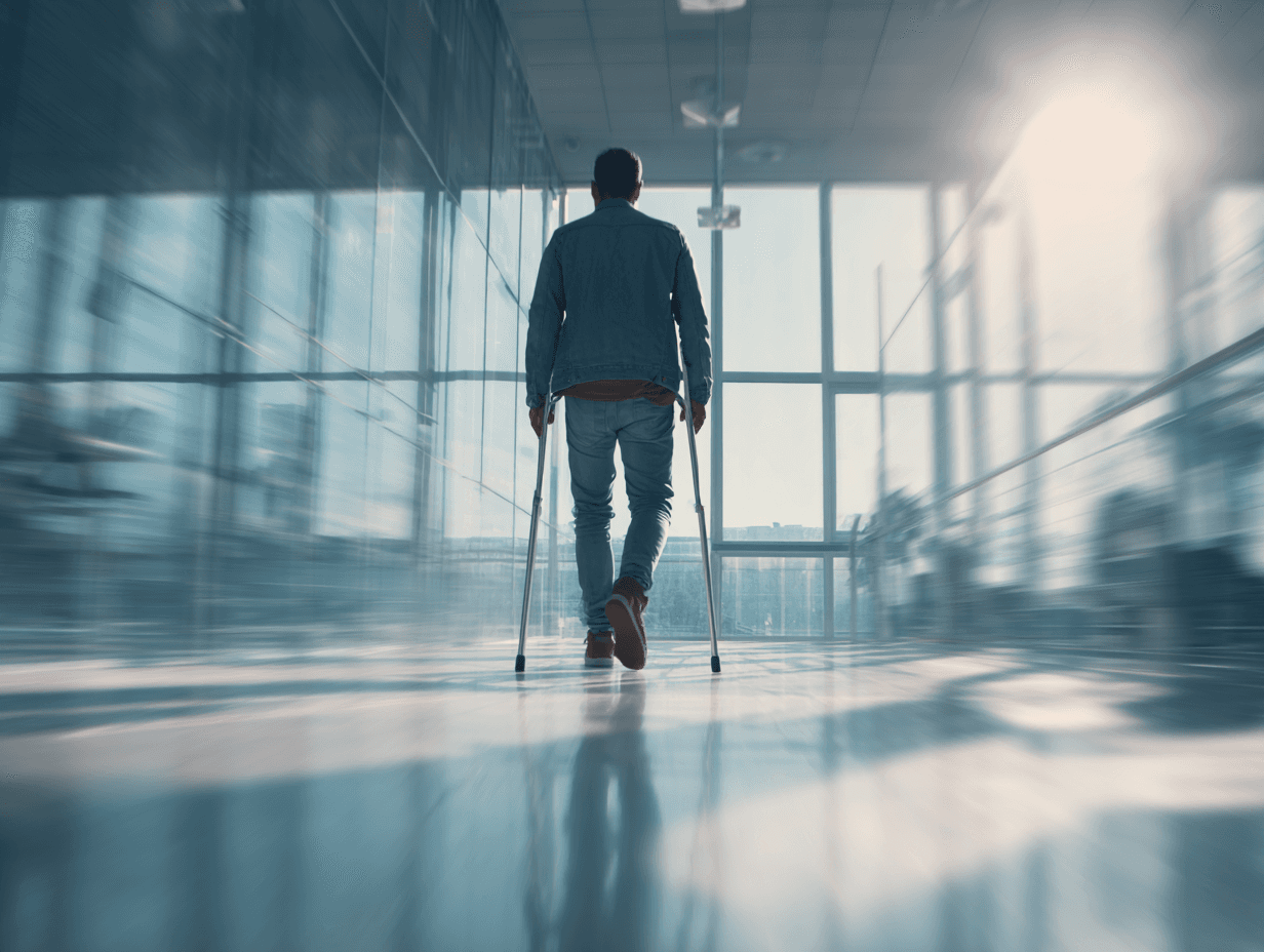 A man on crutches walks through a sunlit building with glass walls, casting long shadows. The scene conveys determination and hope.