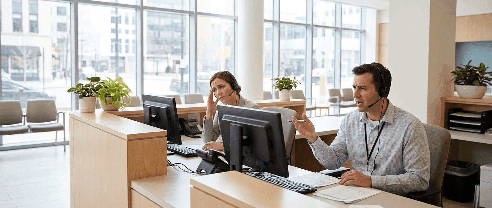 Frustrated front desk worker answering phones.