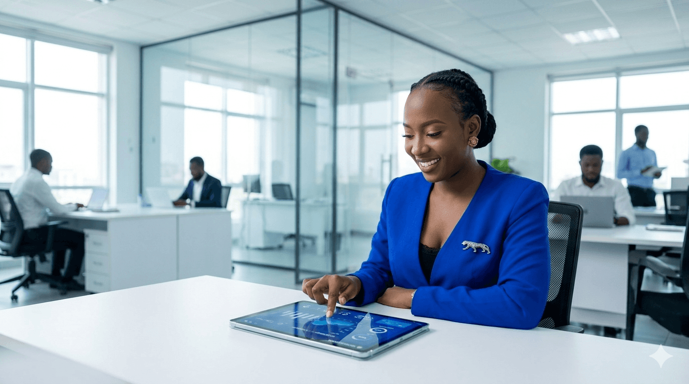 woman sitting around table holding tablet
