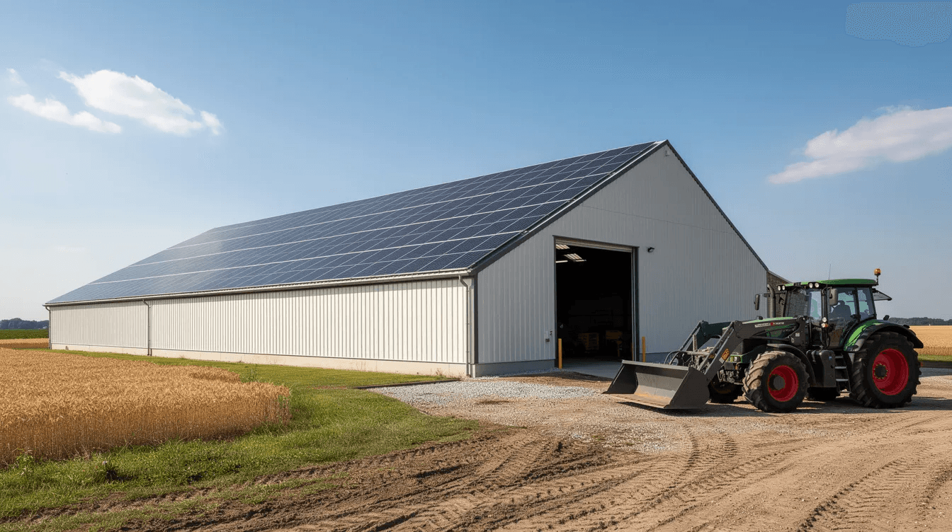 Un grand hangar agricole est visible, doté d'une installation photovoltaïque intégrée sur sa toiture, tandis qu'un tracteur est stationné à proximité. Cette image illustre l'utilisation d'énergies renouvelables dans le cadre de l'agriculture moderne, favorisant la production d'électricité et le développement d'une production agricole durable.