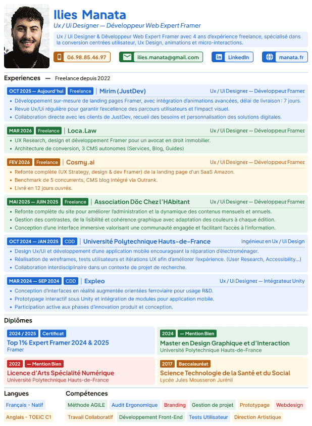 Image du CV de Ilies MANATA freelance Ux / Ui Designer et Développeur Framer