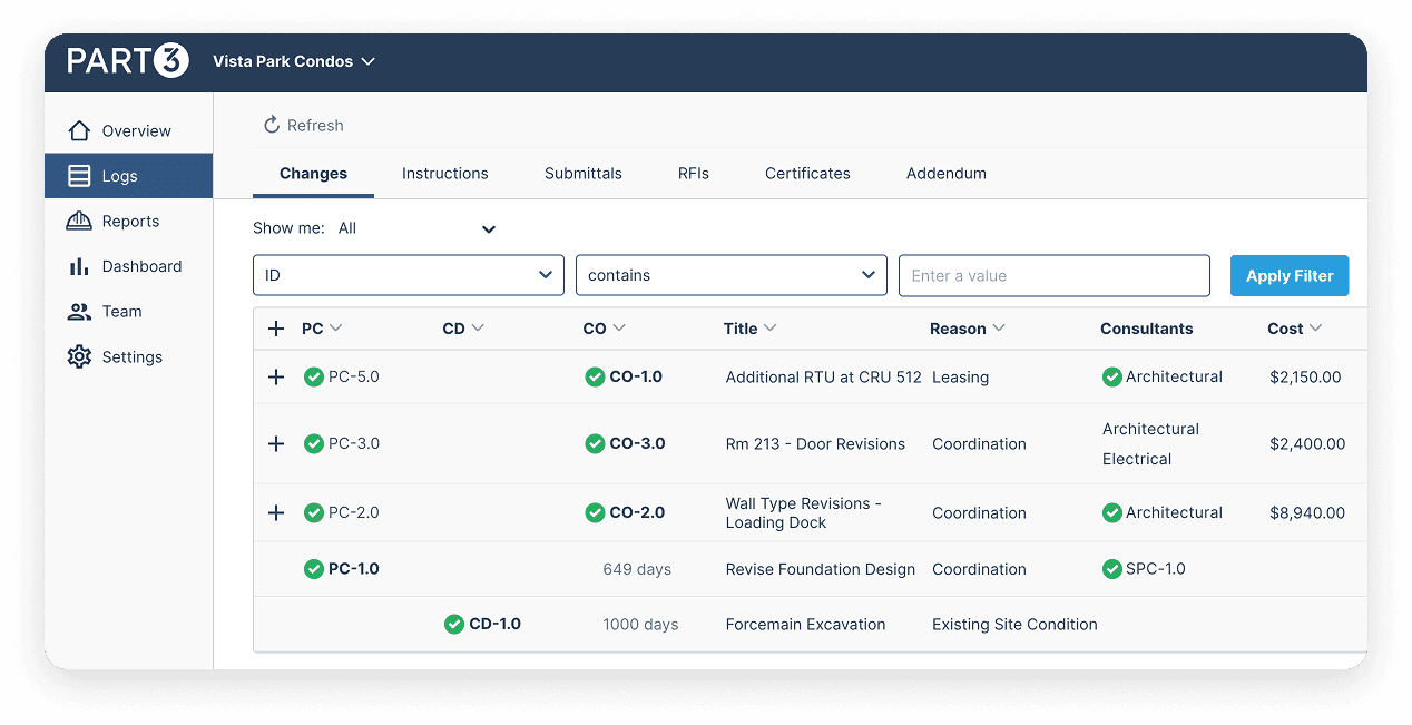 Change order log interface showing cost, status, and consultant data in Part3’s change management software