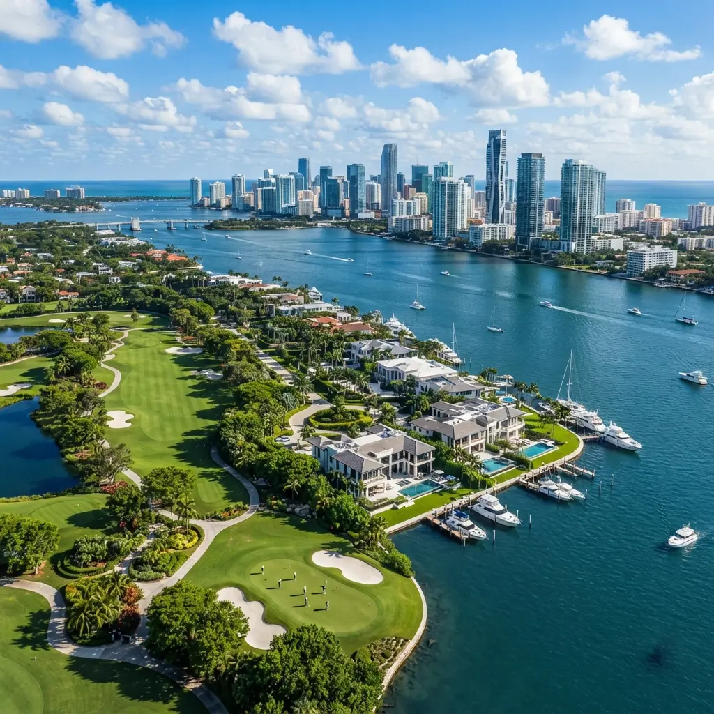 Aerial daytime view of Indian Creek Island featuring a lush golf course, ultra-luxury waterfront estates with private yacht docks, and the Miami Beach skyline across the water