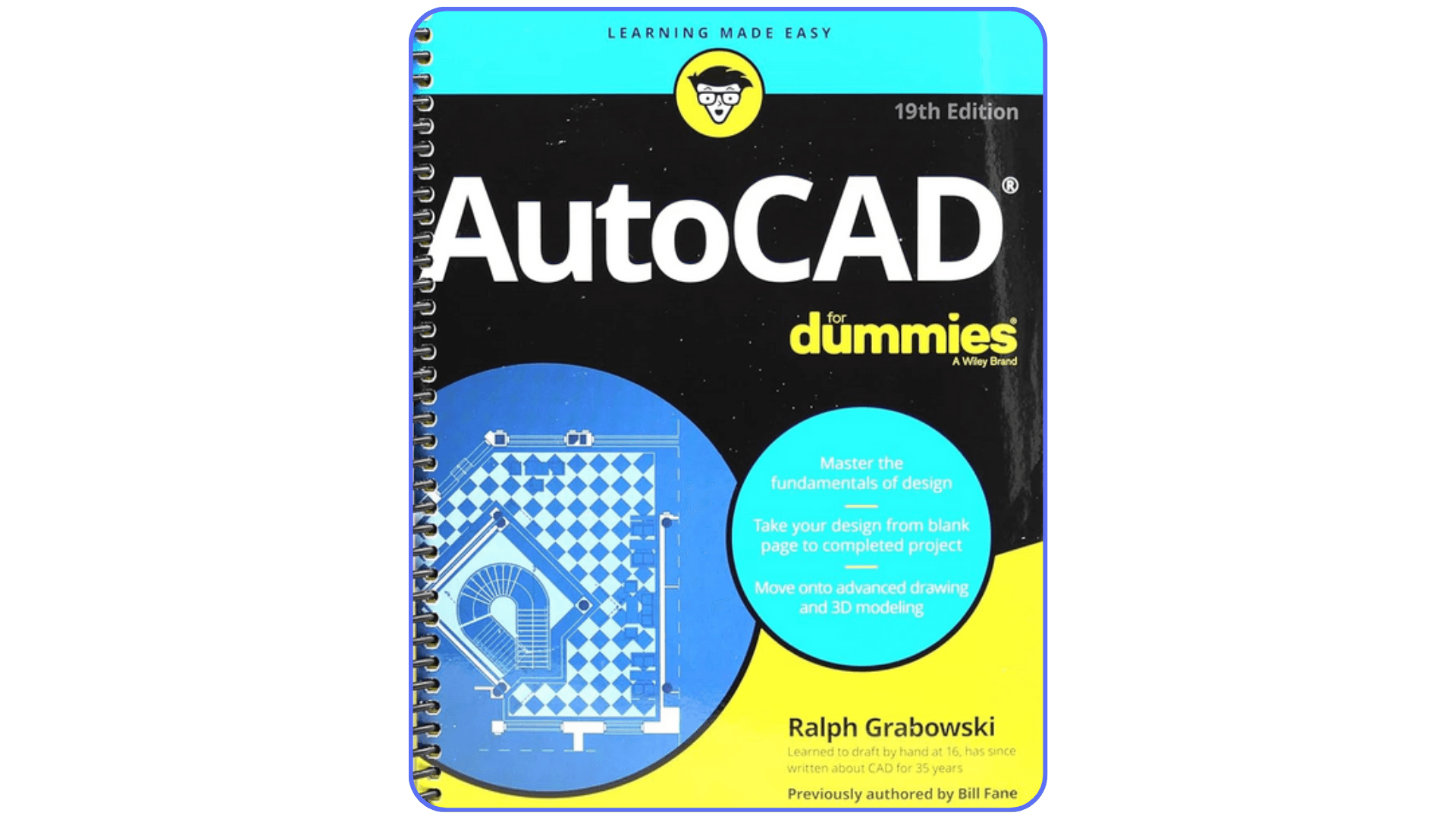 Cover of AutoCAD For Dummies 19th Edition by Ralph Grabowski, featuring a blue and yellow design guidebook for beginners learning 2D and 3D drafting.