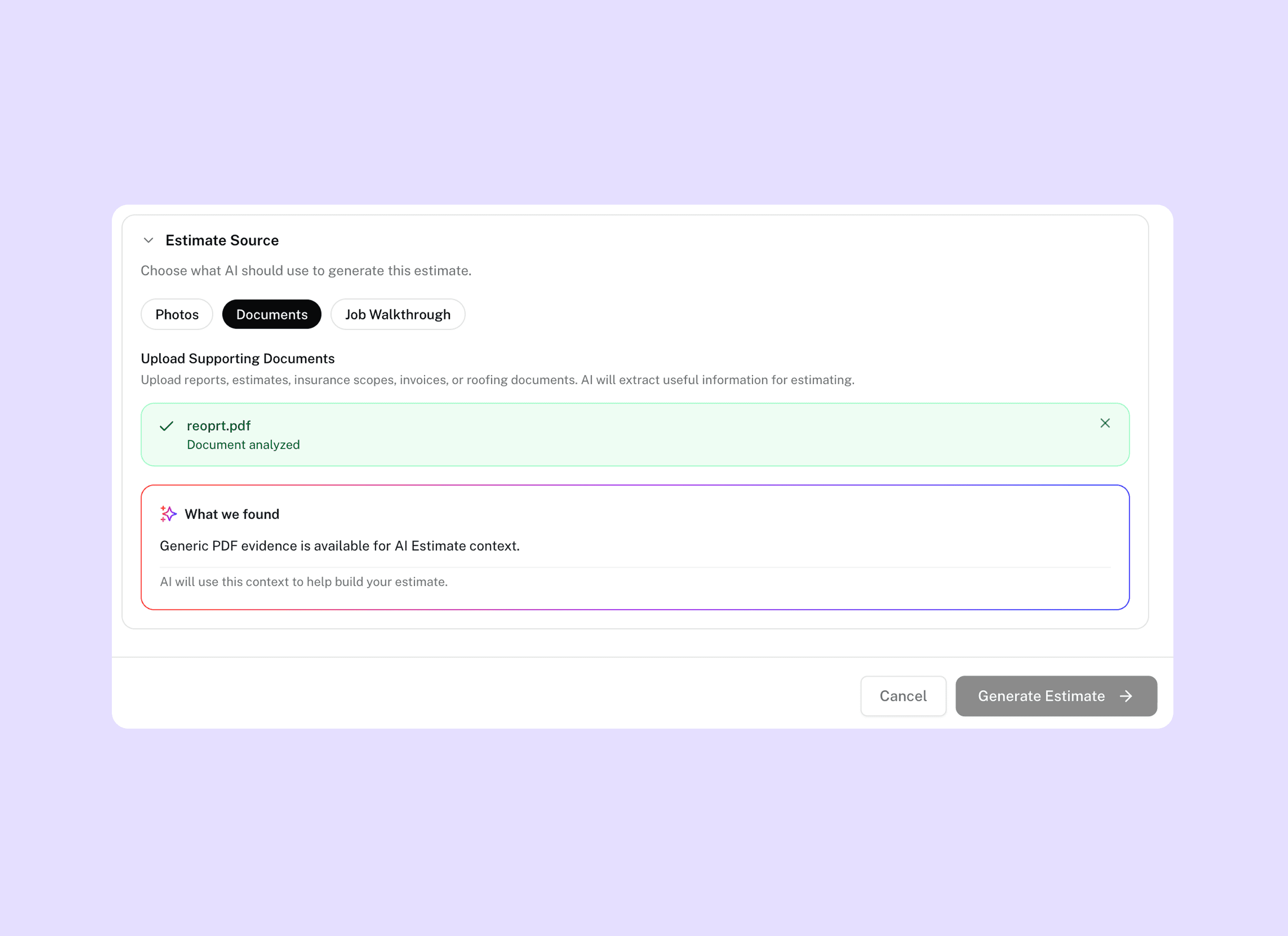 Feldy estimate source screen showing a supporting document analyzed for an AI estimate.