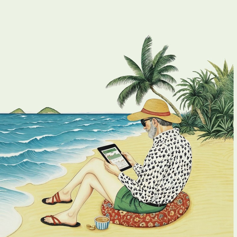 An illustration of an older man sitting on the beach looking at his tablet displaying fianncial charts and graphs