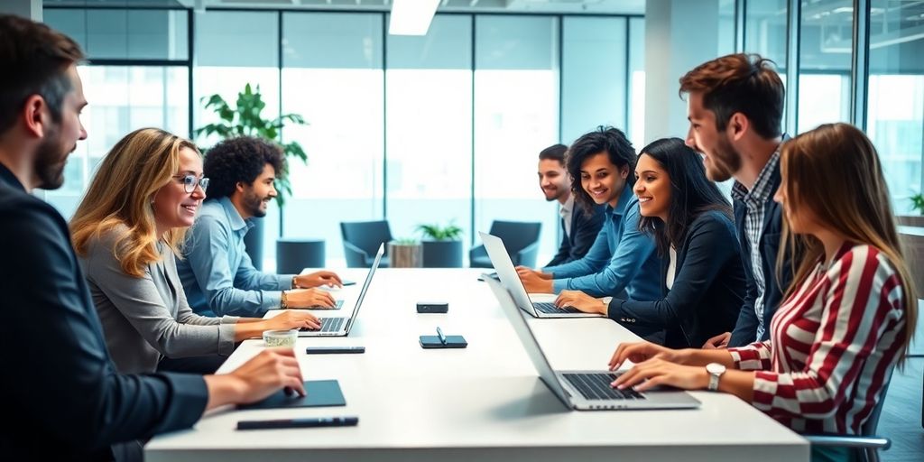 Diverse professionals collaborating in a modern office setting.