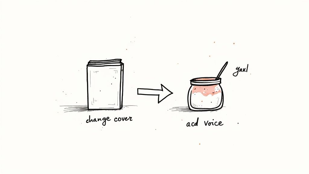 Illustration of a book (change cover) transforming into a jar of yogurt with a spoon (add voice).